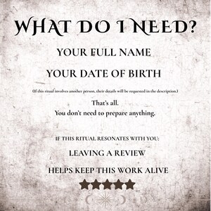 K&ouml;nnte beinhalten: Beigefarbener Hintergrund mit dem Text "WHAT DO I NEED?" gefolgt von "YOUR FULL NAME" und "YOUR DATE OF BIRTH." Der Text enth&auml;lt auch "LEAVING A REVIEW HELPS KEEP THIS WORK ALIVE" und f&uuml;nf Sterne.