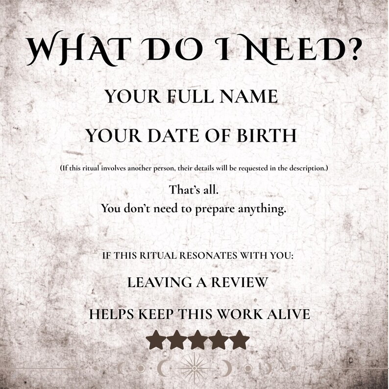 K&ouml;nnte beinhalten: Beigefarbener Hintergrund mit dem Text "WHAT DO I NEED?" gefolgt von "YOUR FULL NAME" und "YOUR DATE OF BIRTH." Der Text enth&auml;lt auch "LEAVING A REVIEW HELPS KEEP THIS WORK ALIVE" und f&uuml;nf Sterne.