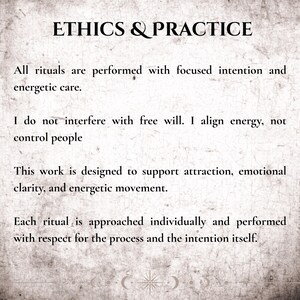 K&ouml;nnte beinhalten: Text auf strukturiertem Hintergrund: "ETHICS & PRACTICE". Der Text beschreibt Rituale, die mit fokussierter Absicht durchgef&uuml;hrt werden, Energie ausrichten und Anziehung, emotionale Klarheit und energetische Bewegung unterst&uuml;tzen. Jedes Ritual ist individuell.