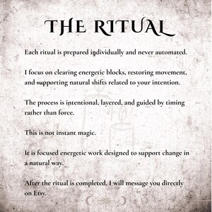 K&ouml;nnte beinhalten: Beige-farbenes Bild mit dem Text "THE RITUAL". Der Text beschreibt den Ritualprozess, wobei die individuelle Vorbereitung, die energetische Arbeit und die nat&uuml;rliche Ver&auml;nderung hervorgehoben werden. Die Etsy-Nachricht wird am Ende erw&auml;hnt.