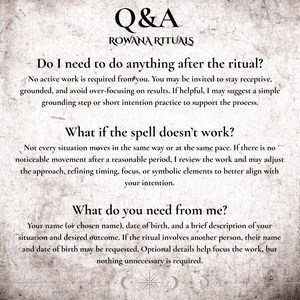 K&ouml;nnte beinhalten: Beigefarbener Hintergrund mit dem Text "Q&A ROWANA RITUALS". Der Text beantwortet Fragen zu Ritualen, einschlie&szlig;lich was danach zu tun ist, was zu tun ist, wenn der Zauber nicht funktioniert und welche Informationen ben&ouml;tigt werden.