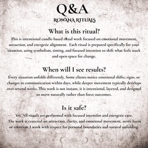 K&ouml;nnte beinhalten: Beigefarbener Hintergrund mit dem Text "Q&A" und "ROWANA RITUALS". Der Text beantwortet Fragen zu Ritualen auf Kerzenbasis, einschlie&szlig;lich ihres Zwecks, der erwarteten Ergebnisse und der Sicherheit. Der Text ist in einer Serifenschrift.