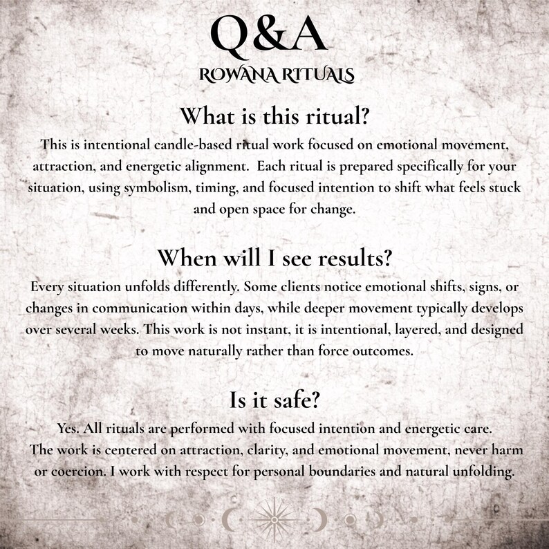 K&ouml;nnte beinhalten: Beigefarbener Hintergrund mit dem Text "Q&A" und "ROWANA RITUALS". Der Text beantwortet Fragen zu Ritualen auf Kerzenbasis, einschlie&szlig;lich ihres Zwecks, der erwarteten Ergebnisse und der Sicherheit. Der Text ist in einer Serifenschrift.
