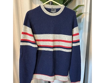vintage JCPenney Pull ras du cou rayé en mélange de laine XL pour homme bleu marine rouge gris
