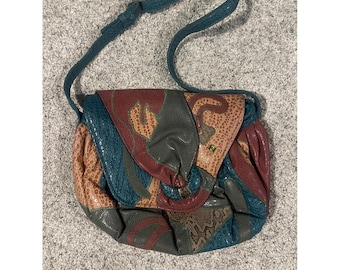 vintage AS sac patchwork bandoulière imitation animal exotique multicolore bohème des années 90