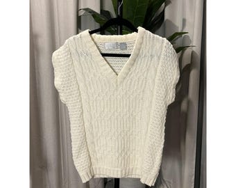 Evan Picone Petites Vintage Cream Cable Knit V-Neck Sweater Vest Wool Blend P