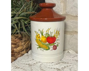VTG Pot de cuisine en céramique pour récolte de légumes, couvercle marron, ferme rétro, très grand