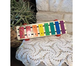 Xylophone à tirer Fisher Price vintage 1985, instrument de musique arc-en-ciel 870 des années 80