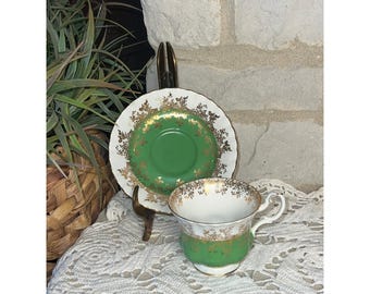 Tasse à thé VTG série Royal Albert Regal émeraude et or 22 carats en porcelaine tendre