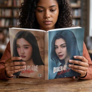 May include: A person reading a book with two women on the cover. The book is open, displaying the faces of two women with dark hair. The book's title is "BROKEN (OF) LOVE" and "หัวใจรัก" on the left page and "BROKEN (OF) LOVE" on the right page.