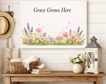Grace Grows Here Floral Print Satin Canvas, Stretched, Wildflower Wall Art, Rustic Farmhouse Decor