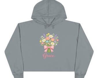 Floral Bouquet Grace Crop Hoodie, Pastel Flowers with Bow, Affirmation Sweatshirt