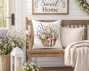 Farmhouse Bloom Pillow, Rustic Wildflower Basket Cushion, Cottagecore Floral Decor, Country Home Accent
