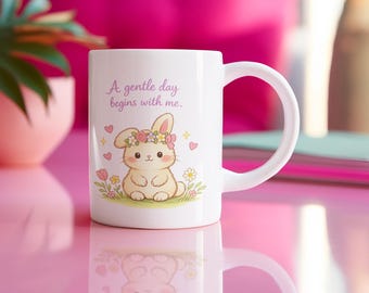 Pastel Bunny Ceramic Mug, Spring Flowers, Cottagecore Tea Lover Gift