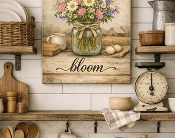 Bloom Mason Jar Wildflower Canvas, Rustic Farmhouse Wall Art, Kitchen Decor, Entryway Hanging