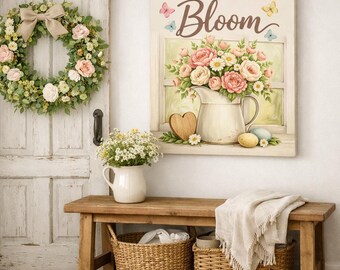 Bloom Floral Pitcher Bouquet Stretched Canvas, Spring Farmhouse Wall Art