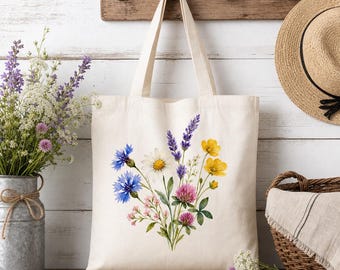 Watercolor Wildflower Bouquet Tote Bag | Farmhouse Floral Canvas (Digital Download)