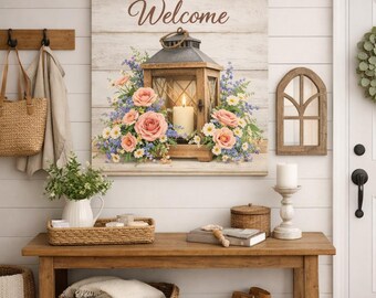 Welcome Lantern Floral Stretched Canvas, Cottagecore Wall Art, Farmhouse Decor