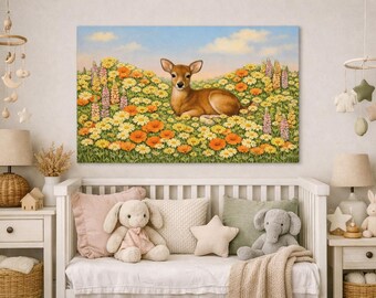 Fawn Meadow Canvas Print, Woodland Nursery Wall Art, Nature inspired