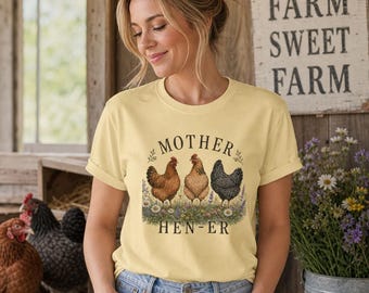 Mother Hen Watercolor Farmhouse Shirt, Rustic Hens Wildflower Tee, Country Mom Apparel
