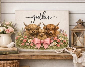 Highland Cattle Family Canvas, Wildflower Floral Print, Cottagecore Farmhouse Decor