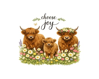 Choose Joy Floral Highland Cow Digital Download PNG|DIY Farmhouse Decor|Canvas Design|