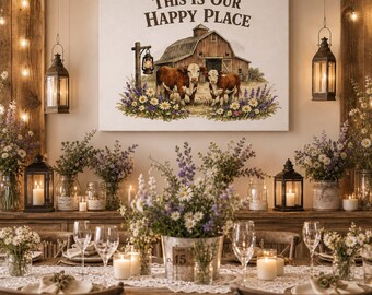 Farmhouse Canvas Wall Art, Rustic Barn Cows Lavender Daisies, Country Wedding