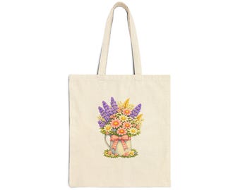 Vintage Floral Bouquet Tote Bag, Wildflowers in Pitcher, Reusable Bag