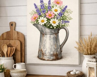 Farmhouse Watercolor Galvanized Pitcher, Floral Stretched Canvas, Spring Bouquet Wall Art, Kitchen Decor