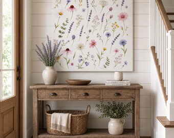 Lavender Wildflower Canvas Wall Art, Neutral Farmhouse Decor, Rustic Entryway