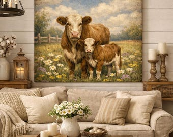 Vintage Farmhouse Cow Calf Canvas | Rustic Country Wall Art Meadow Decor