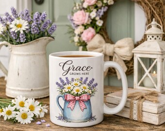 Lavender Bouquet Heart Vase Mug, Floral Ceramic Coffee Cup, Farmhouse Kitchen Decor, Inspirational Gift