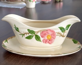 Franciscan Desert Rose Gravy Boat w Attached Plate USA Vintage Brown TV Stamp