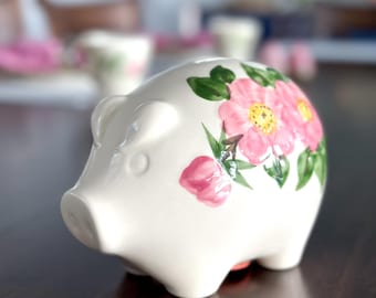 Vintage Franciscan Desert Rose Piggy Bank  USA Ceramic Coin Bank with Stopper