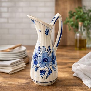 Delft Style Blue White Pitcher Ewer Hand Painted Dutch Pottery Vase 7.5”