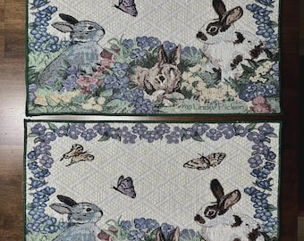 Vintage Linda Picken Tapestry Placemats, Easter Bunny Floral Decor, Set of 2