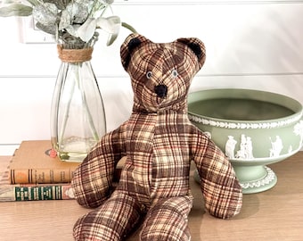 Vintage Handmade Plaid Teddy Bear 14” Stuffed Plush Folk Art Rustic OOAK 80s