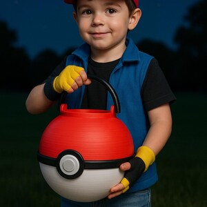 May include: A child dressed in a costume, holding a large red and white Poké Ball-shaped candy bucket. The child wears a red and white baseball cap, a blue vest, black shirt, and blue jeans. Yellow fingerless gloves complete the look.