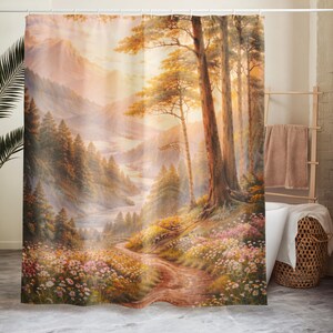 May include: A shower curtain featuring a scenic landscape painting. The artwork depicts a forest path winding through a valley, with tall trees, wildflowers, and a river. The color palette includes warm tones of gold, brown, and green.