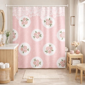 Pink Floral Lace Shower Curtain – Vintage Rose Bathroom Decor, Cottagecore Bath Curtain