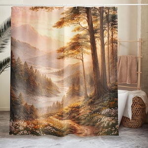 May include: A shower curtain featuring a scenic landscape with a winding river, lush trees, and a path. The artwork has a warm color palette of browns, oranges, and greens, evoking a sense of tranquility and nature. The curtain is designed for bathroom decor.