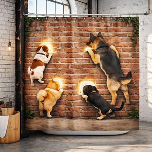 May include: A shower curtain featuring four dogs of different breeds climbing a brick wall. The dogs are a mix of colors, including brown, black, and tan. The brick wall has a rustic, aged appearance, and the dogs appear to be interacting with a glowing light.