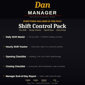 Restaurant Manager Shift Control Pack | Daily, Opening, Closing Checklists (Digital Download)