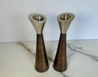 Vintage Mid Century Modern Danish Style Candle Holders - Pair of Brushed Bronze & Silver Toned - Asymmetrical Clipped Rim - 6.5" MCM Decor