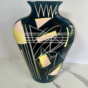 Vintage 1987 John Bergen Nora Fenton Postmodern Ceramic Vase, Memphis Milano Geometric Carved Black Pink Yellow Oblong Vase