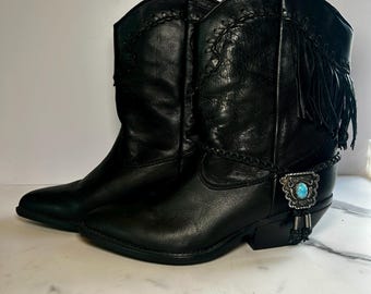 Vintage 80s 90s Zodiac Z Line Marla Black Leather Fringe Boots, Turquoise Silver Accent Southwestern Western Booties Like New, Size 8