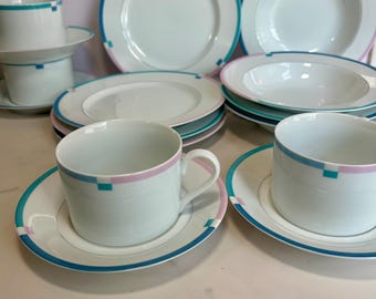 Mikasa Jet Set Fine China Brunch Set - Service for 4 - Pink Blue Teal Bands - 90s Postmodern Bread Plates, Fruit Bowls, Cups & Saucers