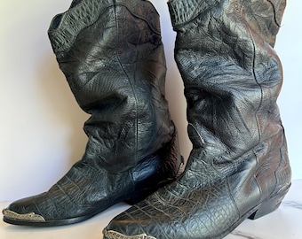 Vintage 80s Zodiac Western Boots Women’s Size 7 | Black Leather Embossed Alligator Cowboy Boots | Silver Rose Toe Caps | Made in Yugoslavia