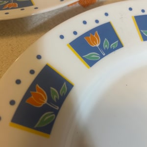 May include: Two white ceramic plates with a blue and yellow floral design. Each plate features a repeating pattern of orange tulips and green leaves within blue rectangles, accented by blue dots along the rim. The plates are clean and appear unused.