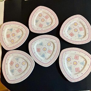 Vintage 80s Crowning Touch Japan Triangular Snack Plates - Set of 6 - Memphis Milano Style Pastel Geometric - New Condition Post-Modern Set